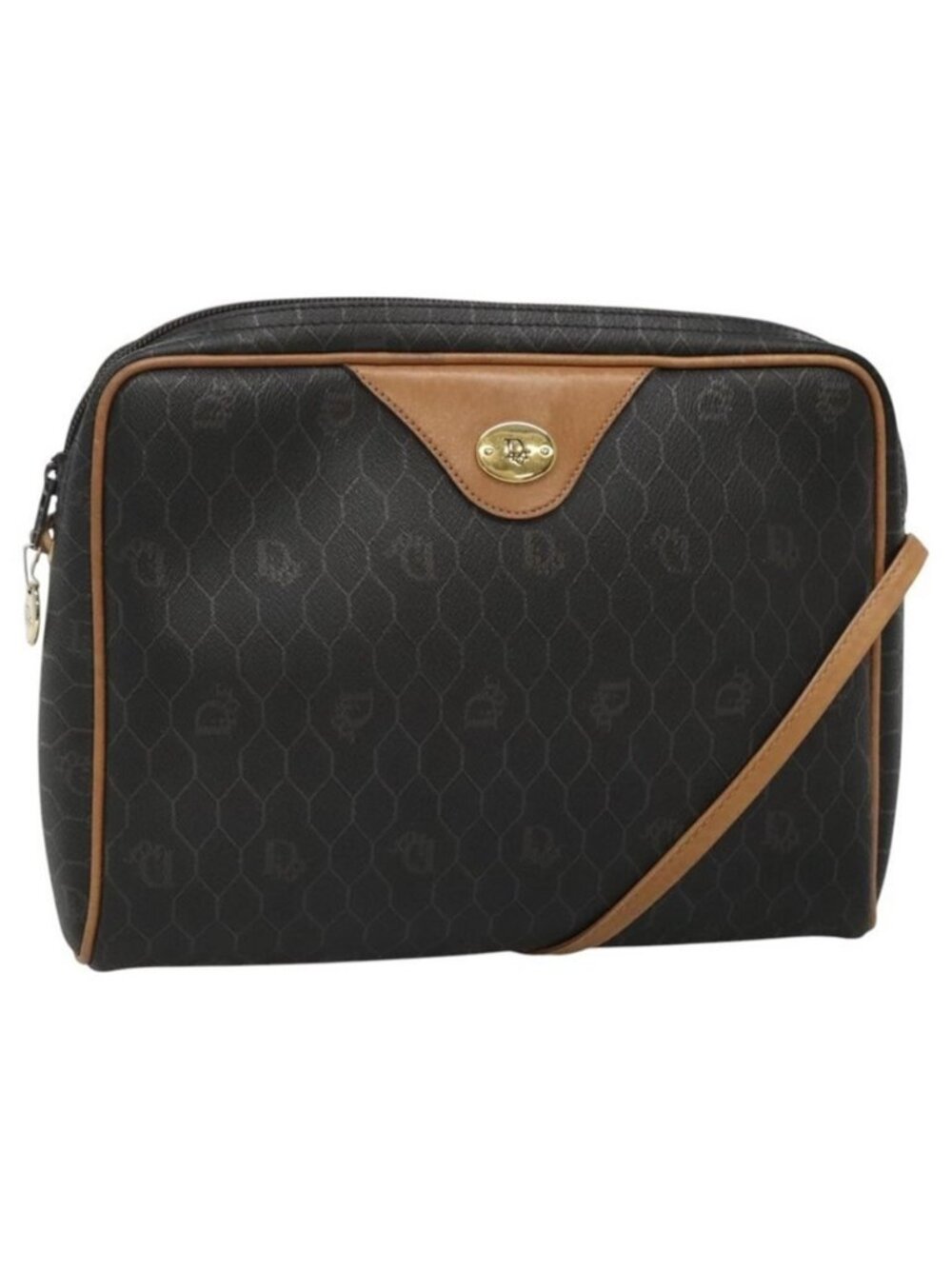 Authentic Christian Dior Honeycomb Canvas Shoulder Bag Black Gold